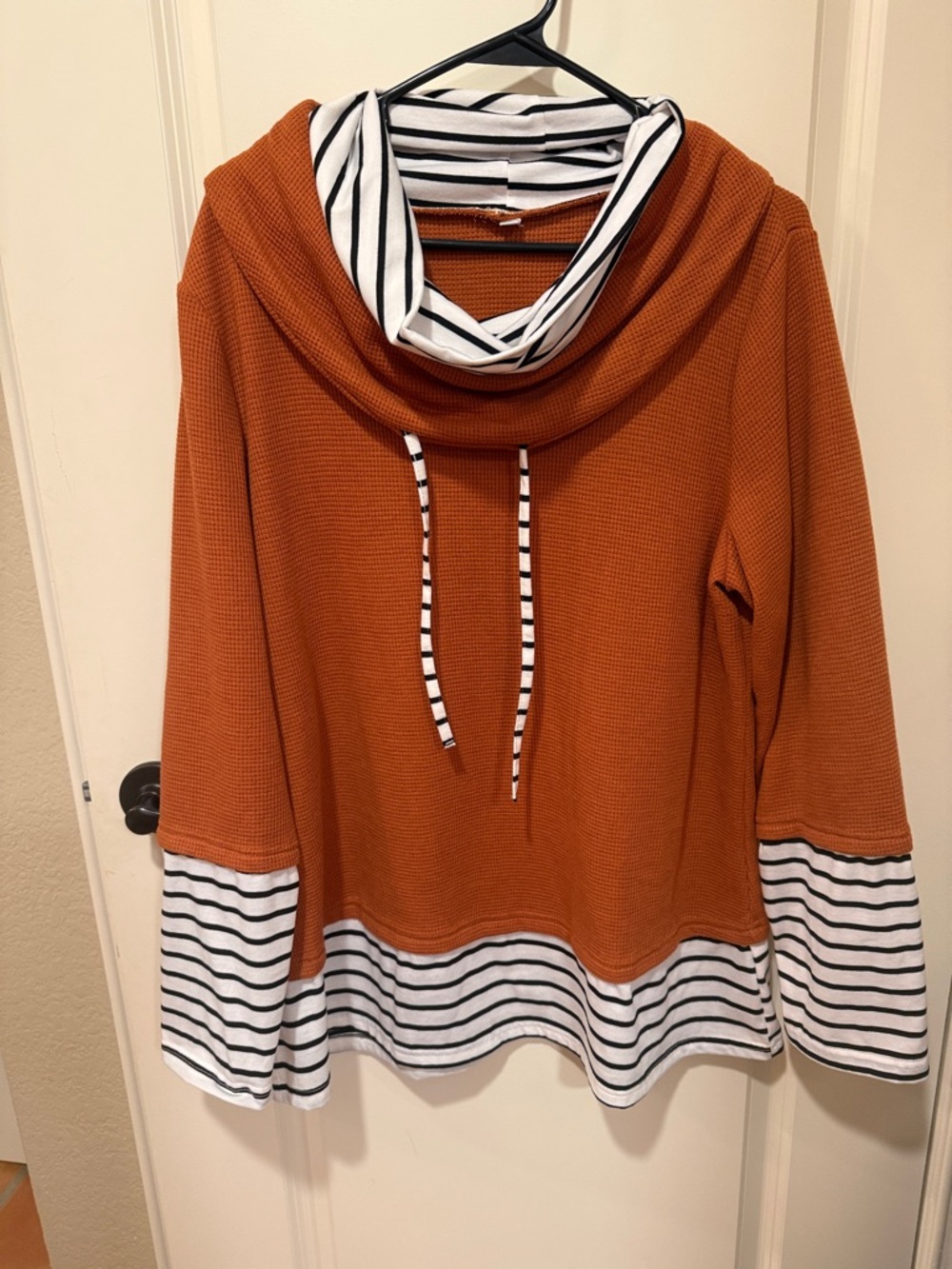 SHEIN Rust Cowl Neck Sweater with Black & White Stripes